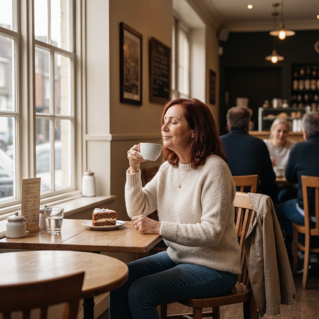 Café lunch: person sitting at a table enjoying a meal and drink in a calm, comfortable setting