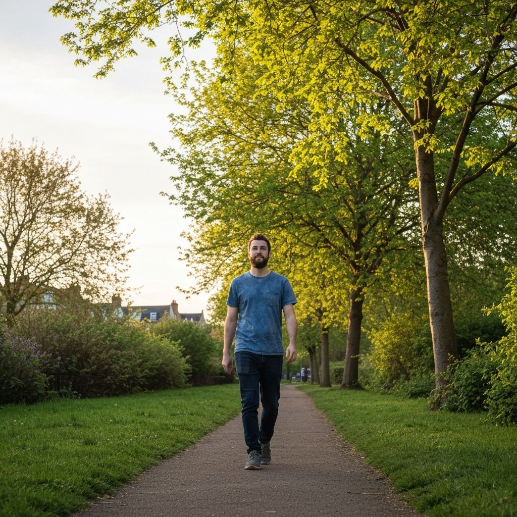 Walking after work: person strolling through a park in golden hour light, peaceful outdoor movement